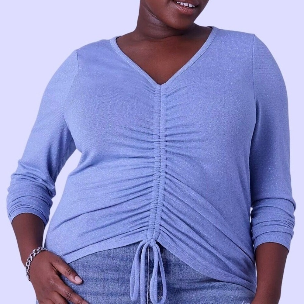 Lane Bryant Minimalist Glitter Ruched V-Neck Long Sleeve Blouse Blue 18/20